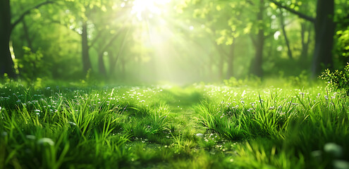 Beautiful spring landscape with a path in a green field and forest background. Fantasy natural scene with blurred sunlight