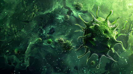 A green virus is floating in a green, murky liquid