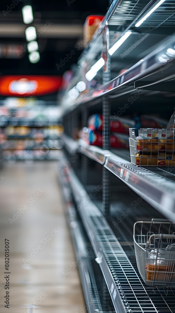 Aufkleber an empty shelf for product placement in the supermarket with blurred background