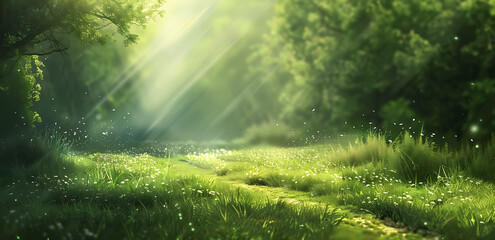 Beautiful spring landscape with a path in a green field and forest background. Fantasy natural scene with blurred sunlight