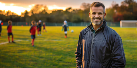 Fototapeta premium Cheerful middle age football coach smiling on a backdrop of his young players on soccer pitch. Sports and active leisure for young kids.