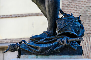 Statue of Alvaro de Bazan (1891) in Plaza de la Villa, Madrid, Spain. Architectural features