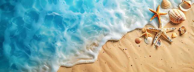 Fototapeta na wymiar The sandy beach is covered with shells and starfish, with a blue sea background, clear sky, and a panoramic view. Bright colors and natural light