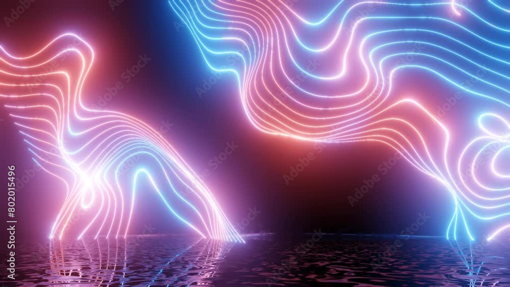 Poster neon design of blue red pattern wall in motion. 4k video with various neon elements and a reflecting