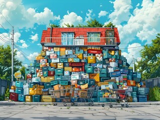 Geometric Art of Overflowing Online Shopping Carts Piling Up Outside A House