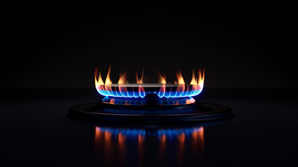 Blue flame of a gas stove isolated on a black background with reflection, a gas burning ring in a kitchen or restaurant cooking stove