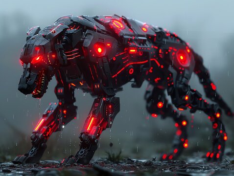 The Cybernetic Nightmare Hound A metallic beast with glowing neon markings