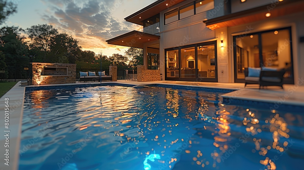 Aufkleber a rectangular blue fiberglass swimming pool sits in the backyard in the evening on a clear. generati