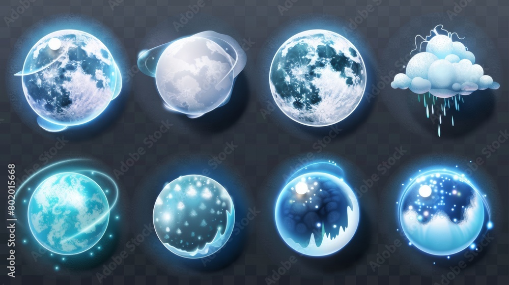 Poster realistic weather meteo icons set isolated on transparent background. elements include sun, moon, cl
