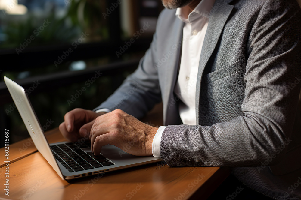 Poster generated with ai close up picture of man fingers typing on a laptop keyboard