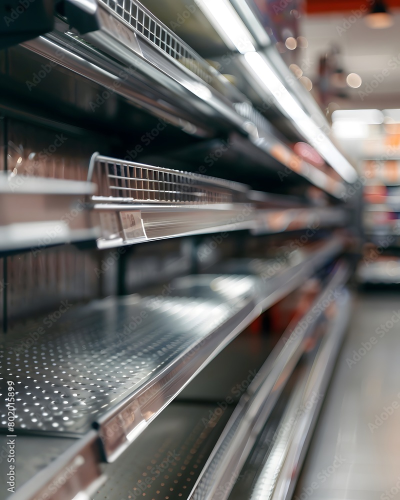 Aufkleber an empty shelf for product placement in the supermarket with blurred background