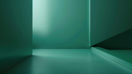 Fototapeta premium Minimalist interior wall in a soft light green and dark teal color, with shadowplay effects.