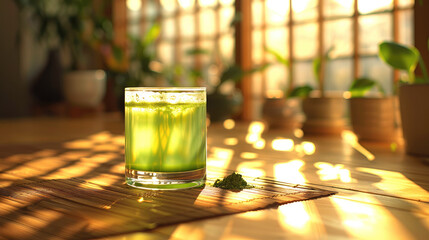 A glass of matcha green tea on a minimal table bathed in warm, morning sunlight. Generative AI.