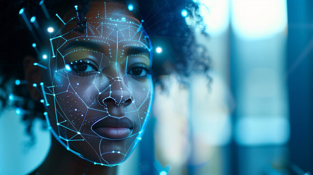 African american female cyber security analysts face with AI facial mapping technology overlay for smart security