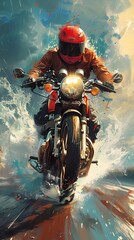 Thrilling Motorcycle Courier Delivering Post-Workout Meals Amid Stormy Weather