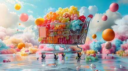 Surrealist online shopping experience with vibrant floating shopping cart and colorful balloons