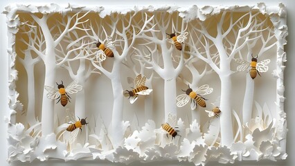 Artistic paper cutout scene of bees in enchanted forest full of life. Concept Paper Cutout Art, Bees in Forest, Enchanted Scene, Artistic Crafts, Colorful Nature