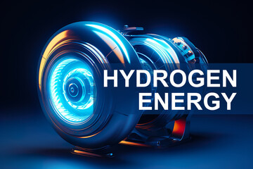 Hydrogen Energy of Future. H2. Energy for automotive. Motor of automobile on blue background