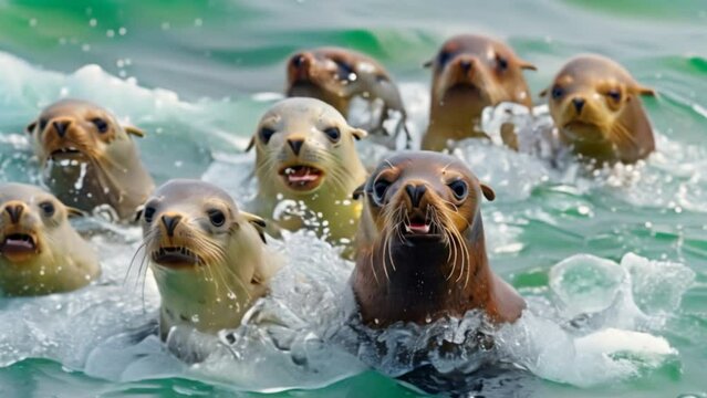 A group of sea lions frolic in the ocean