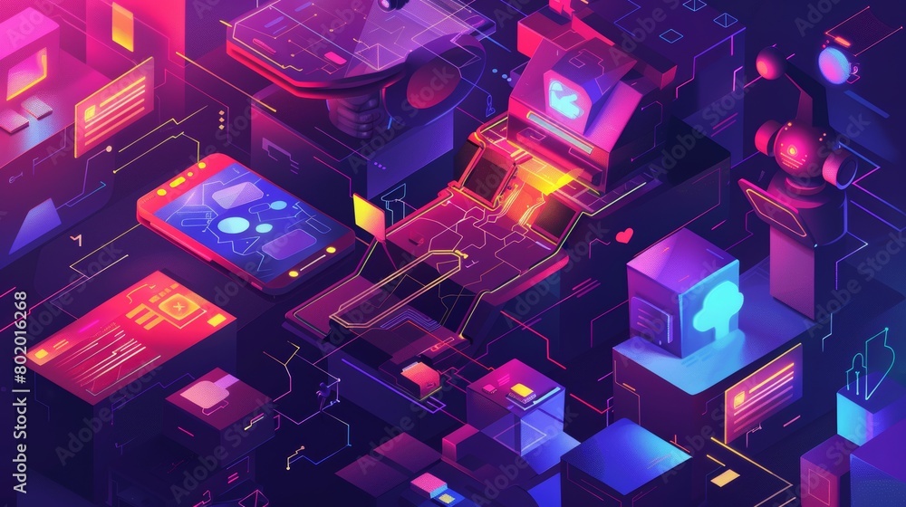 Poster an abstract concept illustration with a chatbot technology. a website landing page with a mobile pho