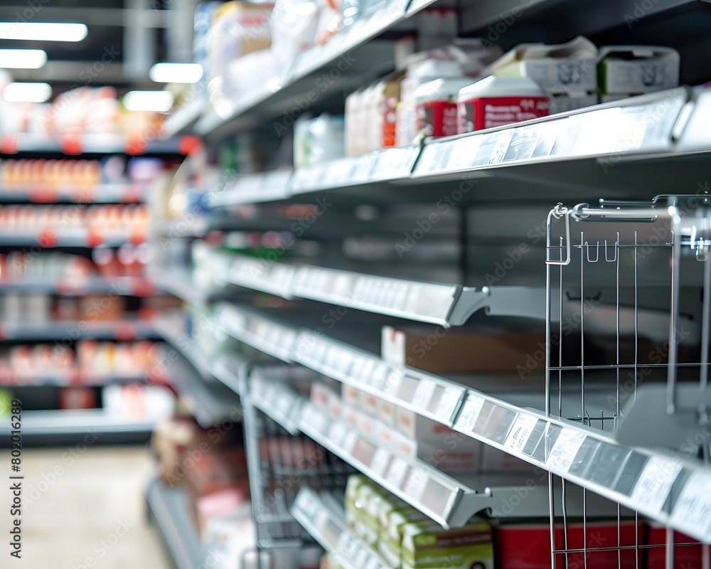 Aufkleber an empty shelf for product placement in the supermarket with blurred background