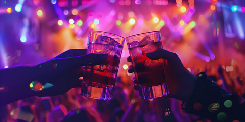 Two people toasting cocktail glasses on a background of colorful neon stage lights, in lively atmosphere of a music festival.