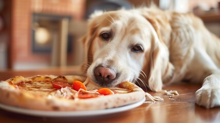 Dog eating delicious pizza