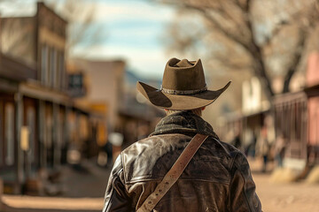 Generative AI picture Portrait of wild west retro movie western city town with cowboys and cowgirls and horses