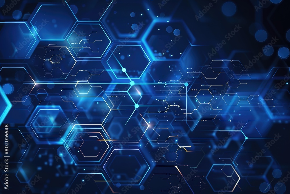Poster abstract background with blue lines and hexagons forming an abstract network in the style of technol