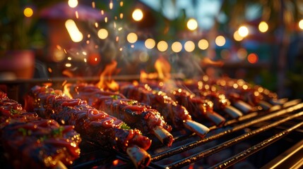 Mouthwatering BBQ on the grill, while a festive party unfolds in the background, blending flavors and fun.