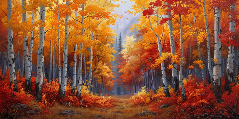 Fototapeta premium A dense forest comes alive with vibrant autumn colors, presenting a vivid tapestry of reds, oranges, and yellows that drape the landscape in warmth.