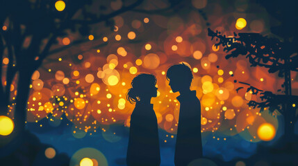 Obraz premium A couple of silhouettes are standing in front of a tree with a bright orange sky