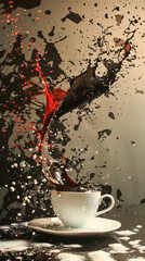 A cup of coffee is spilling out of a white cup