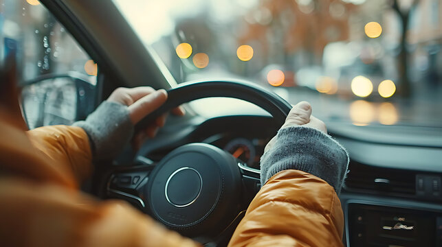 Driving Lesson point of view - POV -  Shot of a young teenager, Capture the experience of driving lessons with a close-up shot. Photograph hands firmly gripping the steering wheel. 