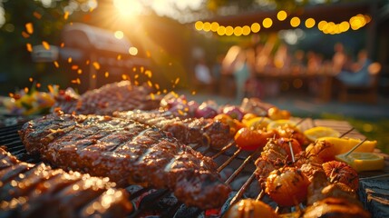 Delicious BBQ grilling with a lively party blurred in the background, evoking the spirit of backyard gatherings.