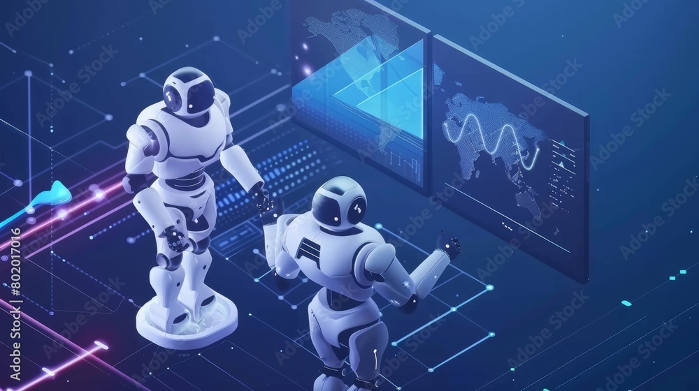 Poster this is a modern illustration of a concept of data analysis, artificial intelligence, and a holograp