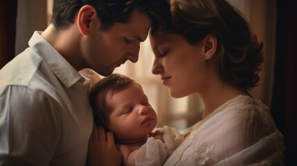 Portrait of parents and newborn baby.&nbsp;Father and mother kiss and hug a beautiful newborn child