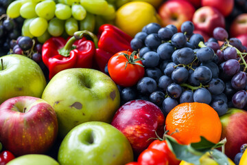 A colorful assortment of fruits and vegetables, including apples, oranges