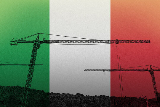 Italy flag with big cranes, growth and development in construction industry, heavy lifting