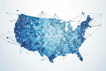 Abstract polygonal map of the United States, with connected dots and lines forming an outline or shape on a light blue background