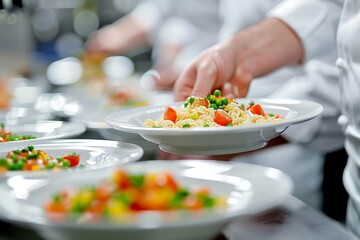 Naklejka premium Vegetarian cooking class participants artfully plate creations guided by chef for culinary flair
