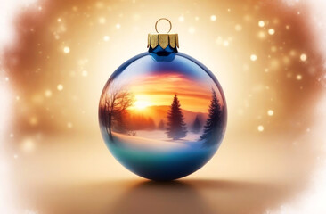 A mesmerizing Christmas bauble encapsulating a serene winter sunset scene
