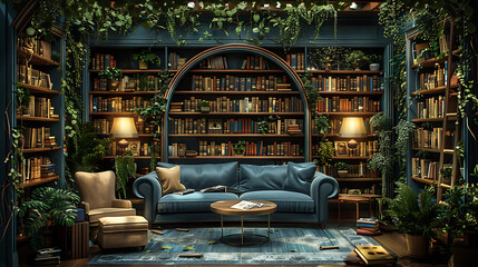 Photograph a cozy reading space adorned with shelves of books, comfortable seating, and soft lighting. Emphasize the inviting atmosphere.
