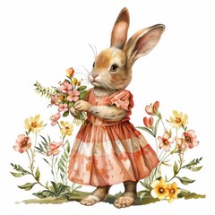 Illustration of an anthropomorphic rabbit in a dress, delicately holding a bouquet of flowers, set against a white background.