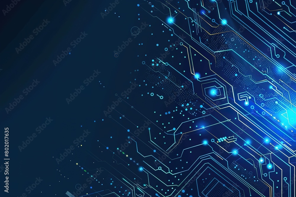 Poster blue background with a circuit board pattern and technology concept vector illustration in a flat de