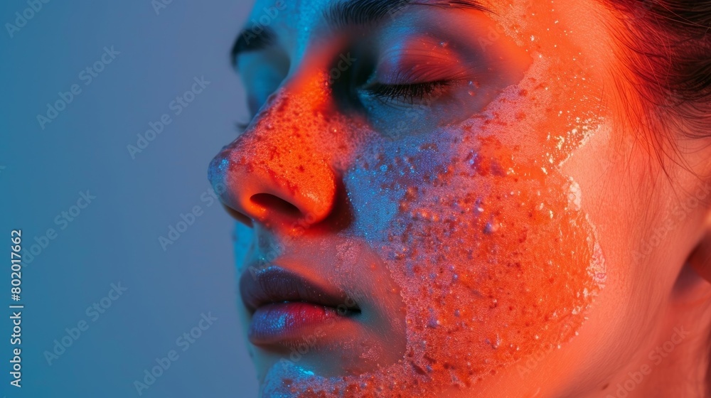 Poster a woman with psoriasis using an infrared face mask to alleviate itching and flaking..