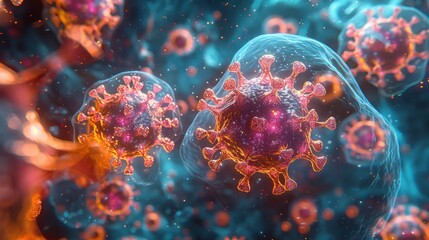 Detailed 3D rendering of viruses floating in a fluid environment, showcasing vibrant colors and dynamic motion, symbolizing the microscopic world of pathogens.