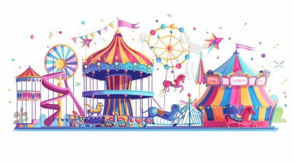 Cartoon illustration for amusement park, carnival or festive fair with circus tent arrow pointer, carousel, merry-go-round, waterslide and elements for children's summer fun isolated on white