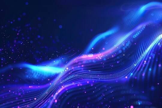 Blue background with glowing dots and purple lines forming waves - Powered by Adobe