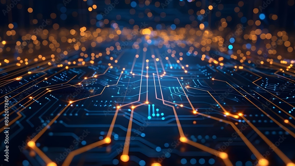 Poster digital circuit board with glowing wireframe nodes in dark blue background . concept technology, dig